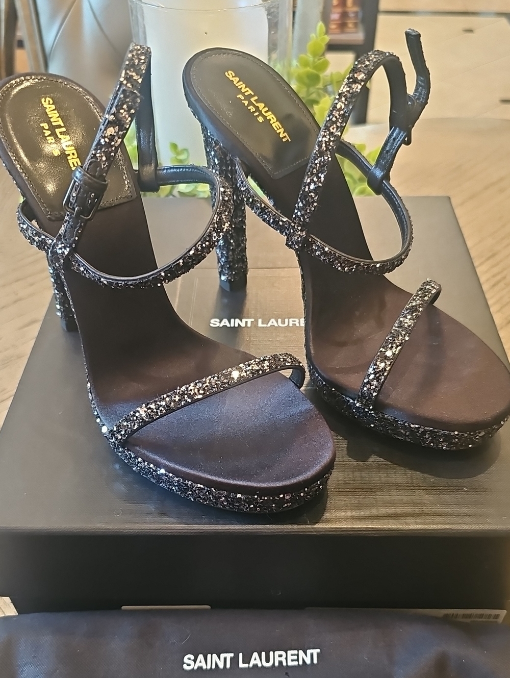 Saint Laurent Black Glitter Platform High Heel Sandals Size 38 NWT